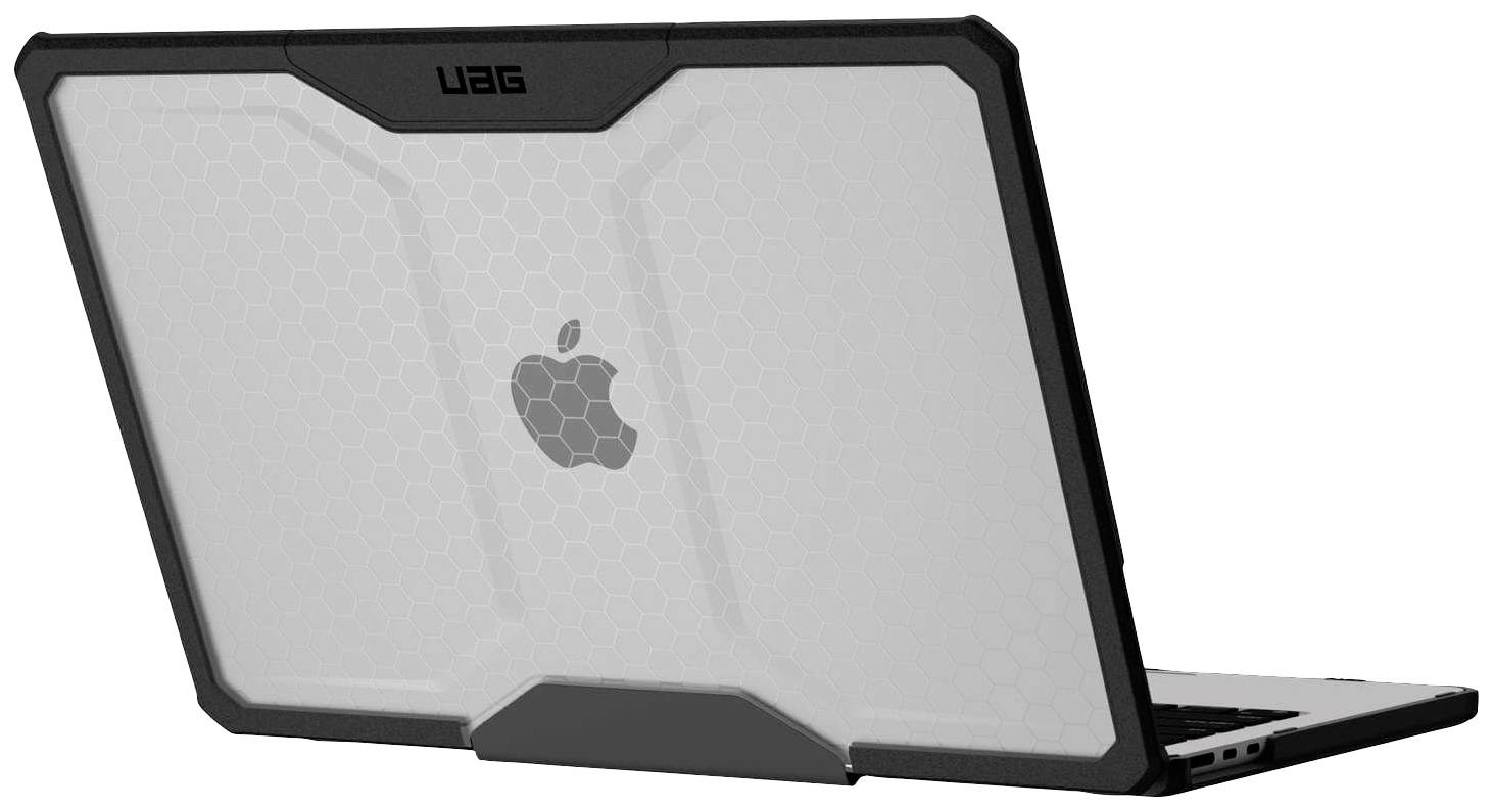 Laptop s robustním ochranným pouzdrem. Logo Apple je viditelné na zadní straně. Pouzdro má strukturu připomínající včelí plástev.