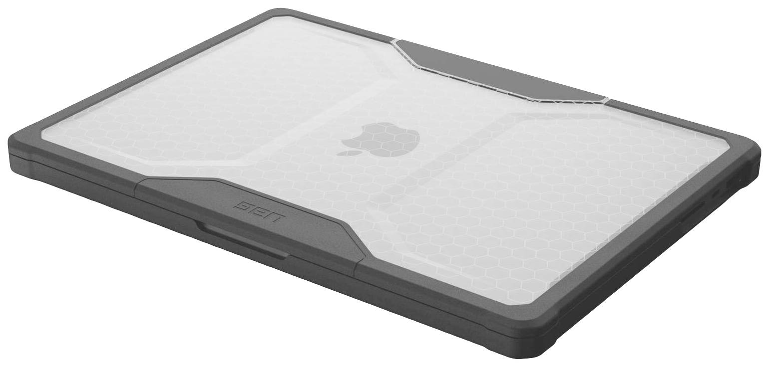 Uzavřený notebook s tmavým rámem a světlým krytem. Na horní straně je vidět nejasný obrys jablka.