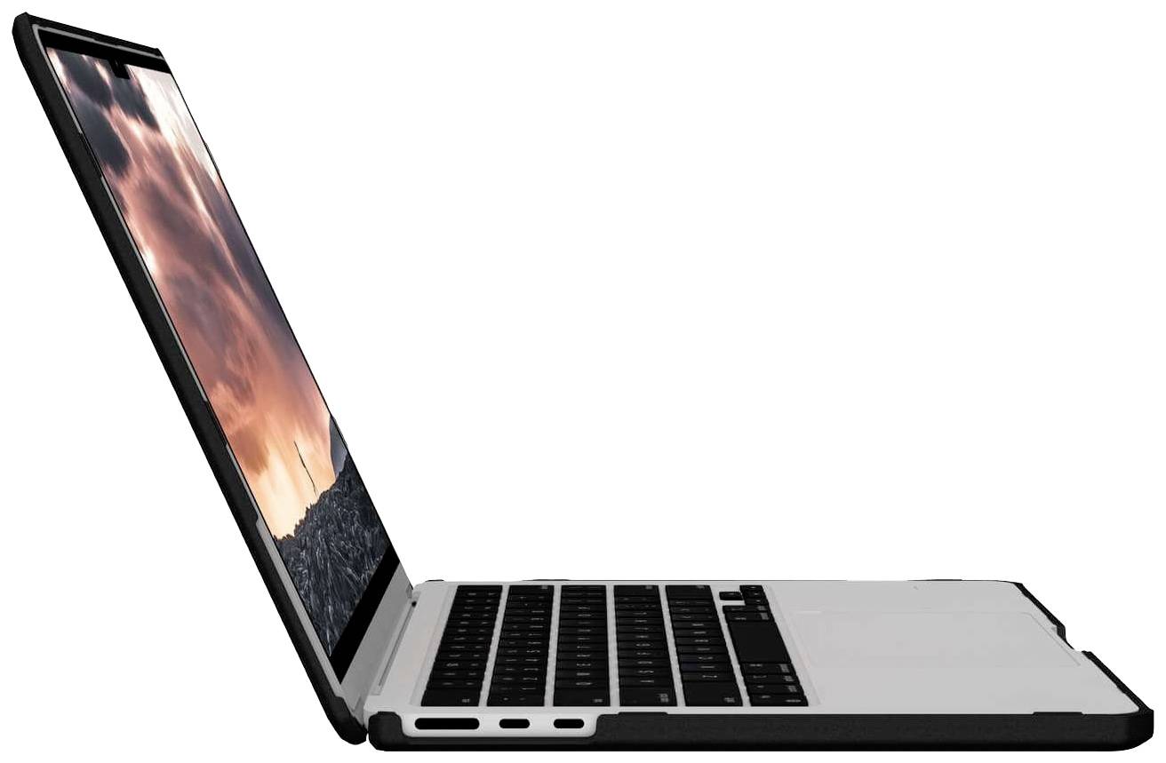 Otevřený notebook z boku, na jehož obrazovce je vidět západ slunce. Perfektní pro práci na cestách.
