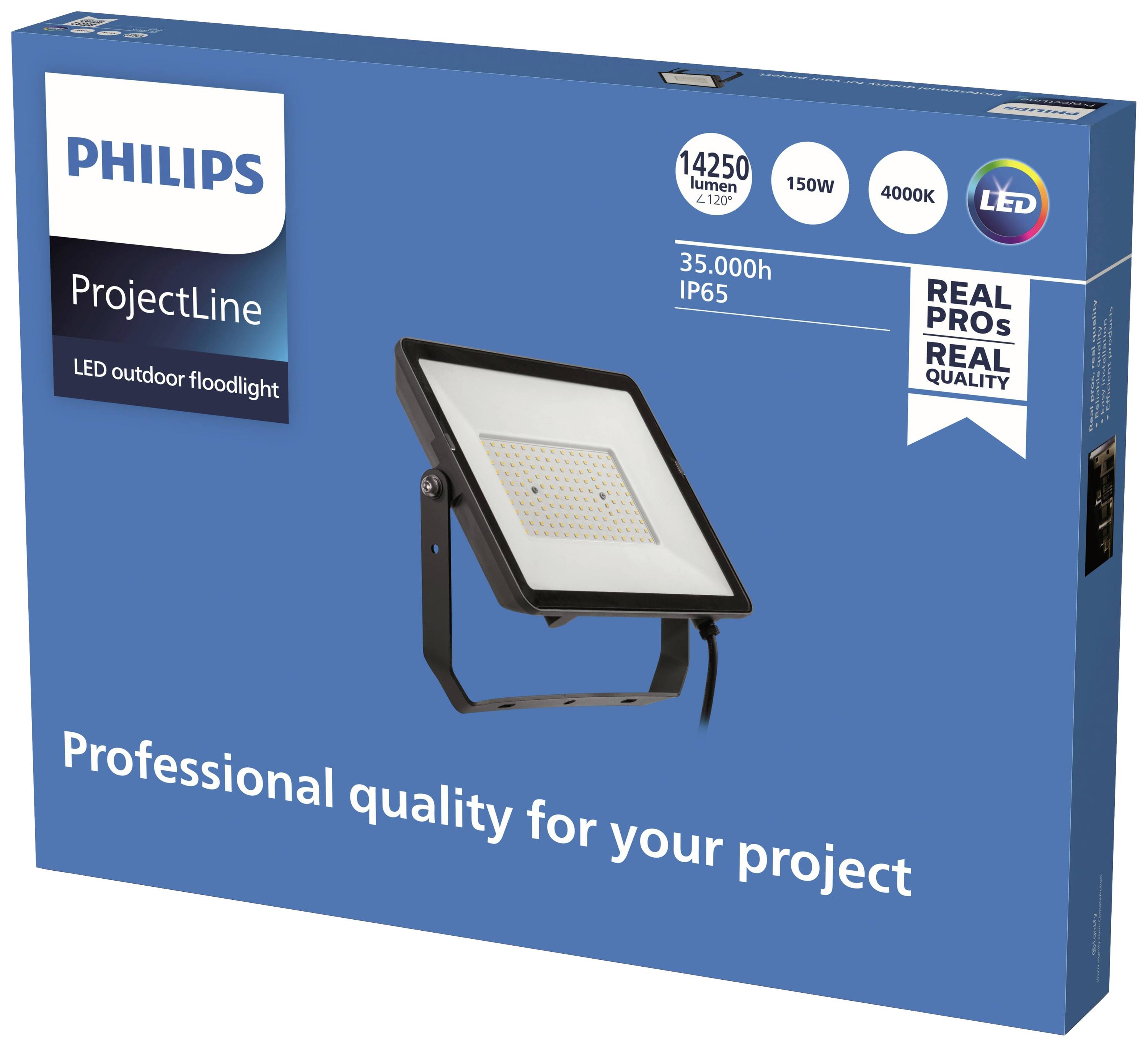 'Philips ProjectLine LED reflektor do exteriéru, 14250 lumenů, 150W, 4000K, životnost 35.000 hodin, IP65, profesionální kvalita pro váš projekt.'