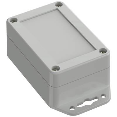 Obdélníkový šedý plastový kryt se šrouby v rozích, vhodný pro elektronické komponenty.
