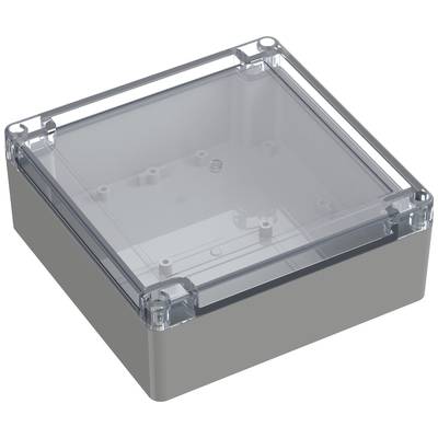Šedý elektronický plastový kryt s průhledným víkem, obdélníkového tvaru, určený k ochraně elektronických komponentů.