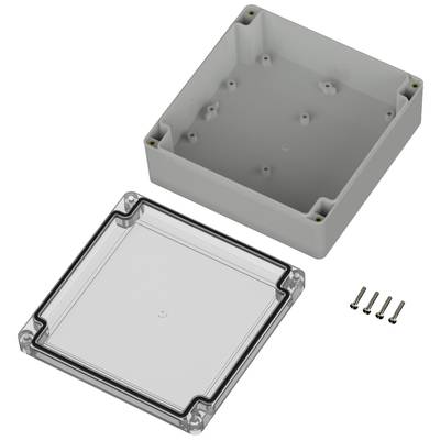 Šedá elektronická skříň s průhledným víkem a čtyřmi šrouby; vhodná pro elektronické komponenty.