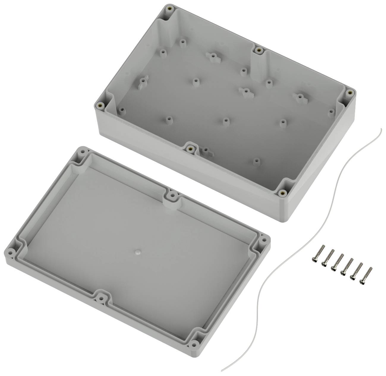 Šedý plastový kryt, dvoudílný, se šrouby a těsnicí šňůrou. Ideální pro elektronické projekty.