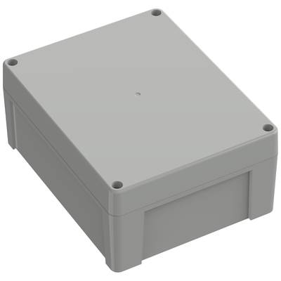 Obdélníkový šedý plastový kryt se zkoseným hranami, pravděpodobně určený pro elektronické komponenty.
