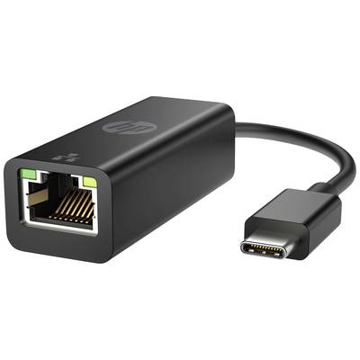 Černý USB-C na Ethernet adaptér s logem HP, zobrazující porty na obou koncích.