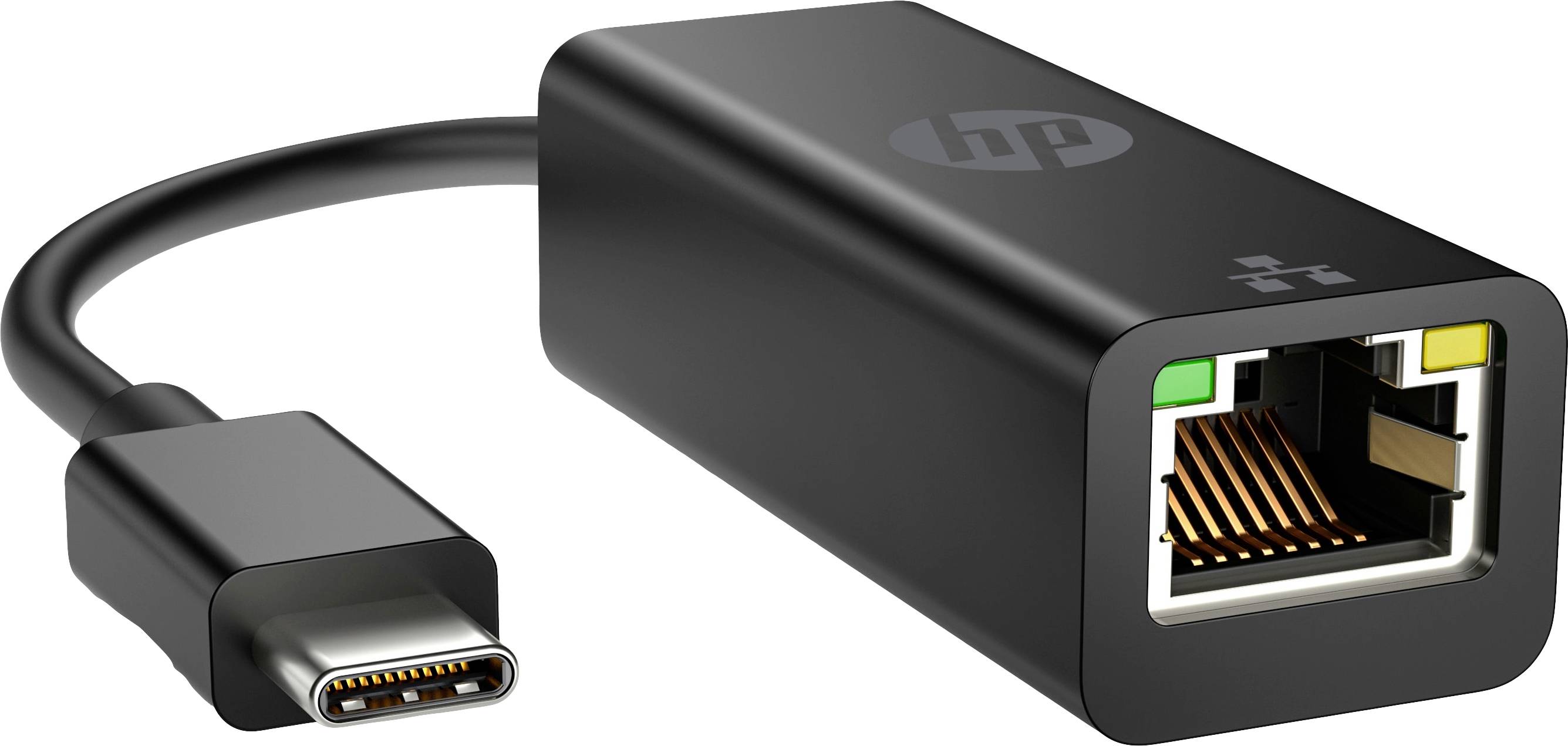 Černý USB-C na Ethernet adaptér. Vlevo USB-C konektor, vpravo ethernetový vstup. Zařízení od HP.