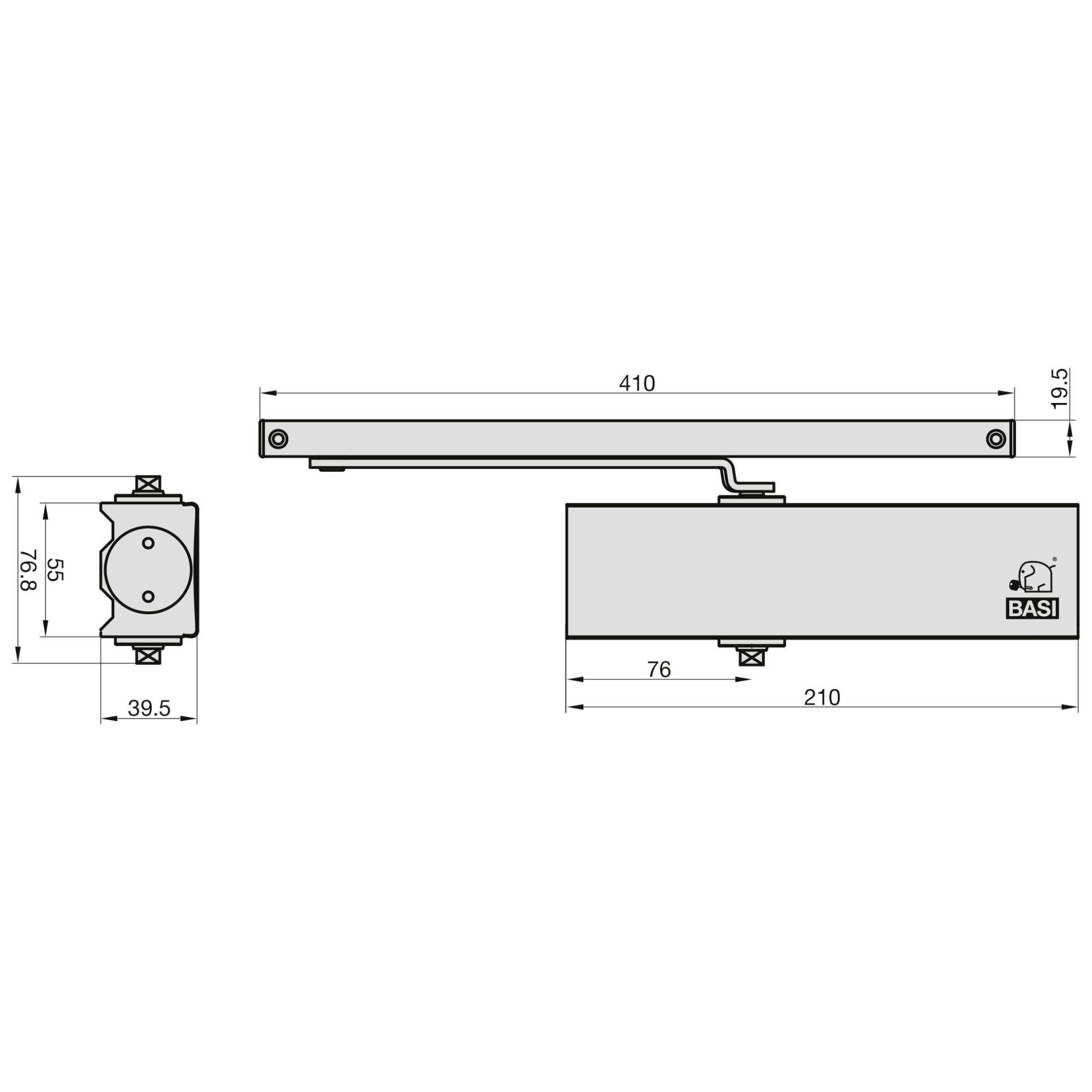 Diagram dveřního samozavírače BASI s rozměry: Pohled shora ukazuje délku 410 mm, výšku 19,5 mm; boční šířka 39,5 mm, výška 78 mm.