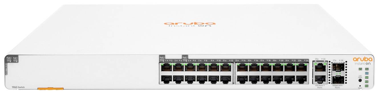 Bílý síťový switch s několika ethernetovými porty a indikátory zobrazuje název značky 'Aruba'.