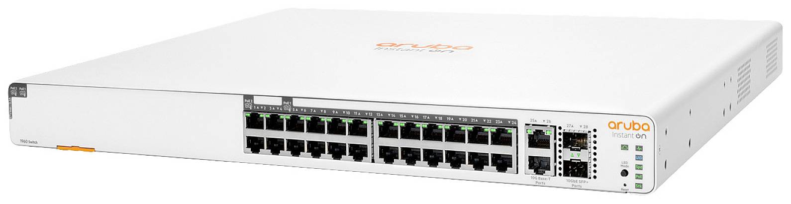 Bílý síťový switch společnosti Aruba s 24 ethernetovými porty a dvěma SFP+ porty na přední straně, vhodný pro podnikové sítě.