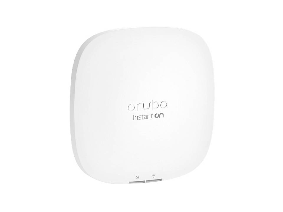Bílý přístupový bod WLAN se zaoblenými rohy, označený štítkem „Aruba Instant On".