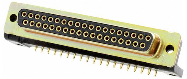 Detailní snímek pozlaceného ženského konektoru s více kolíky, používaného pro připojení elektronických nebo počítačových hardwarových zařízení.