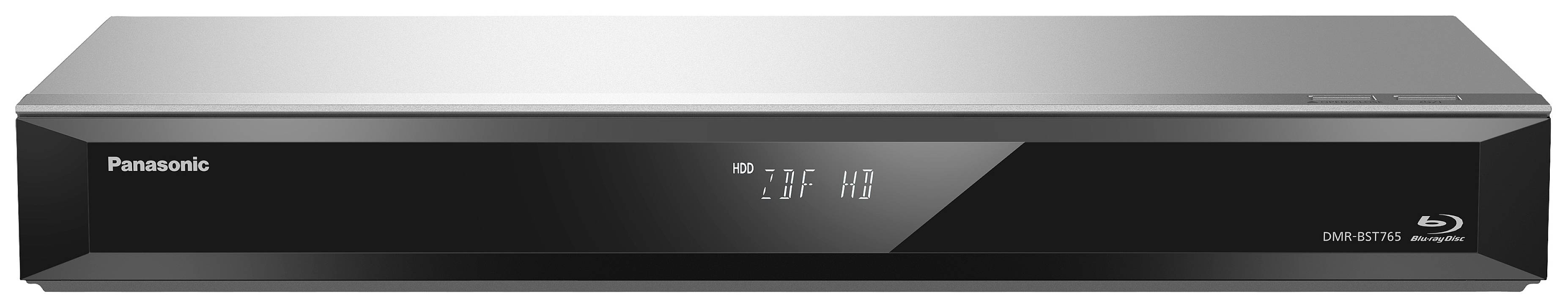 Stříbrný přehrávač Blu-ray s digitálním displejem na přední straně. Displej zobrazuje nápis 'CD'. Model od společnosti Panasonic.