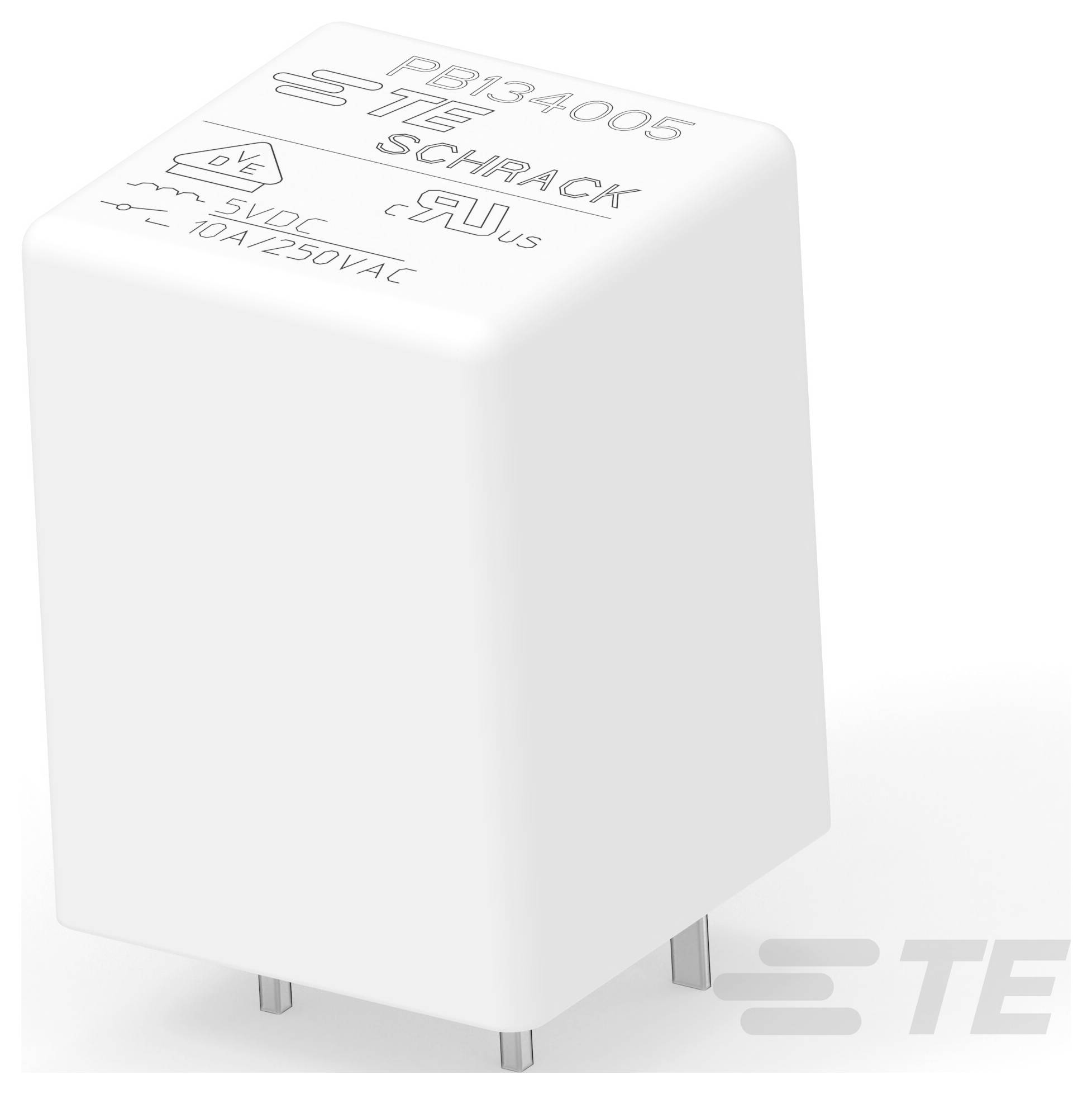 Relé TE Schrack, model PB134005, 5VDC, 10A 250VAC. Bílé, obdélníkového tvaru s kovovými kontakty na spodní straně pro připojení k obvodu.