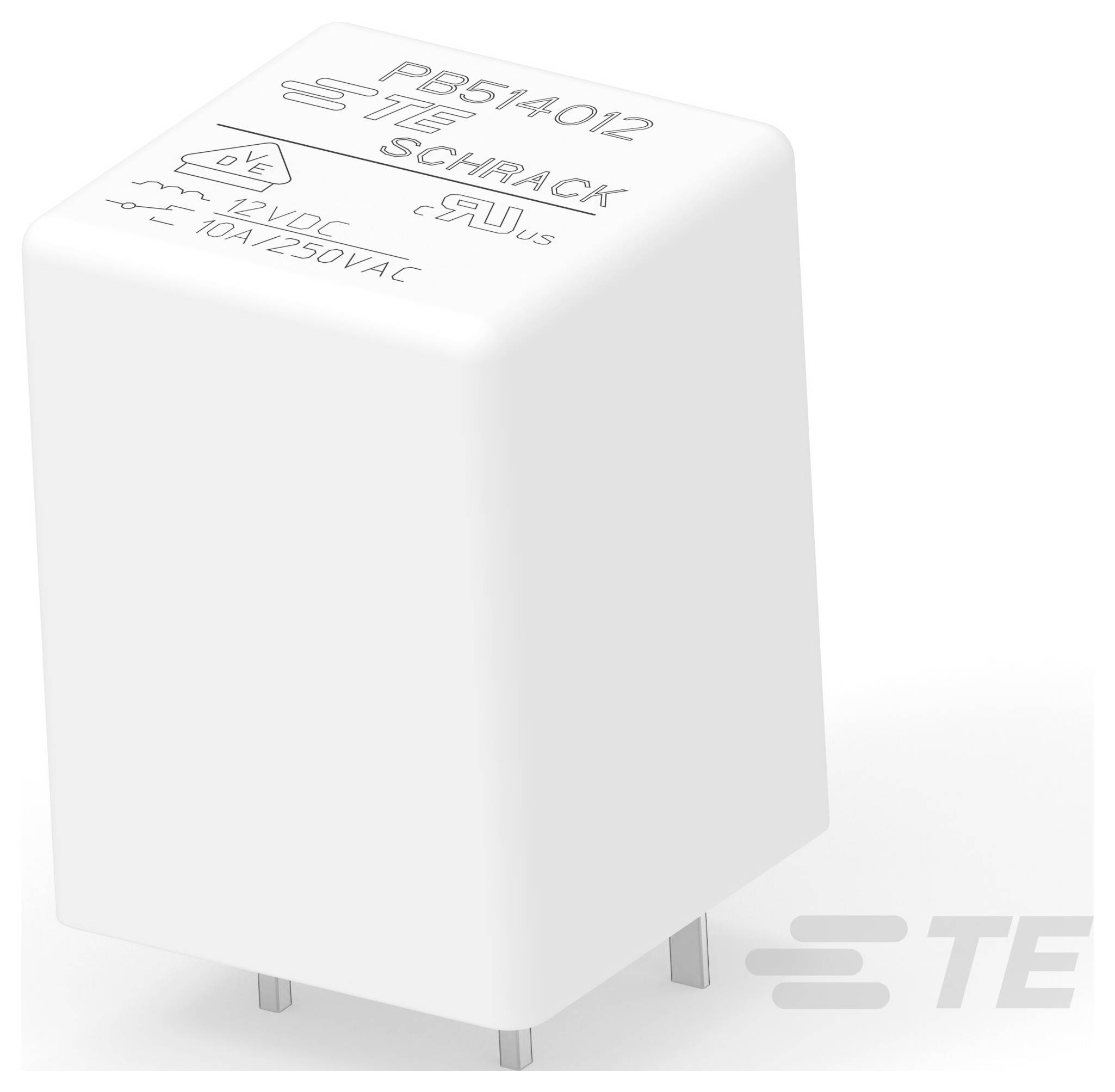 Relé 'PB514012' od společnosti TE Connectivity, cívka 12VDC, 10A/250VAC, obdélníkové bílé pouzdro se čtyřmi kovovými kolíky pro elektrické připojení.