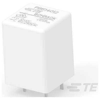 Relé 'PB514012' od společnosti TE Connectivity, cívka 12VDC, 10A/250VAC, obdélníkové bílé pouzdro se čtyřmi kovovými kolíky pro elektrické připojení.