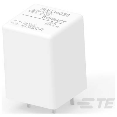Relé "PBH34036" od společnosti TE SCHRACK, jmenovitý napětí 36VDC, 6A/250VAC. Obdélníkové provedení, bílé pouzdro s piny pro elektrické připojení.