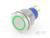 Kulatý kovový tlačný spínač se zeleným světelným LED kruhovým indikátorem. Na zadní straně jsou viditelné tři žluté připojovací konektory.
