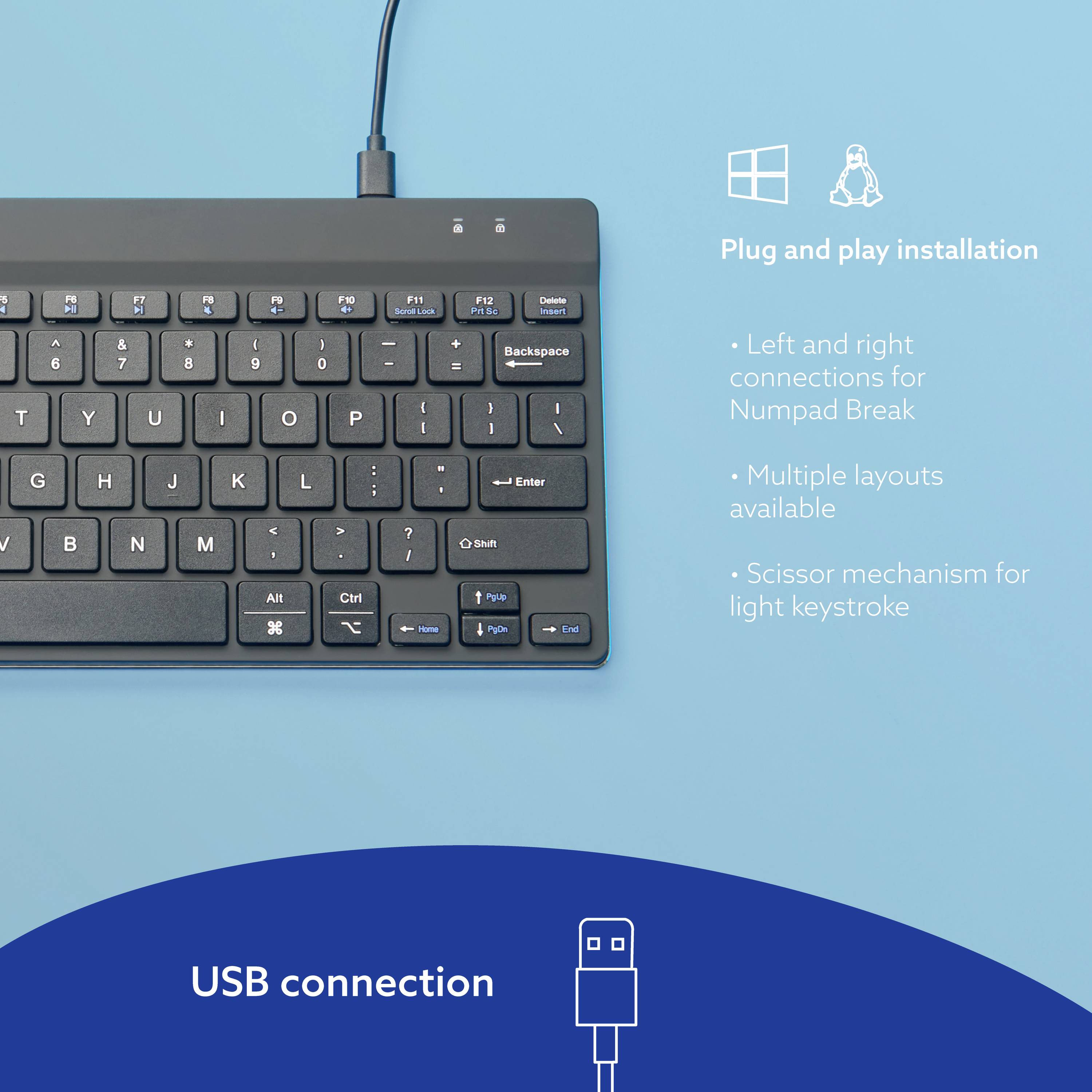 Klávesnice s USB připojením zobrazená shora. Text popisuje jednoduchou instalaci, numerickou klávesnici a nůžkový mechanismus.