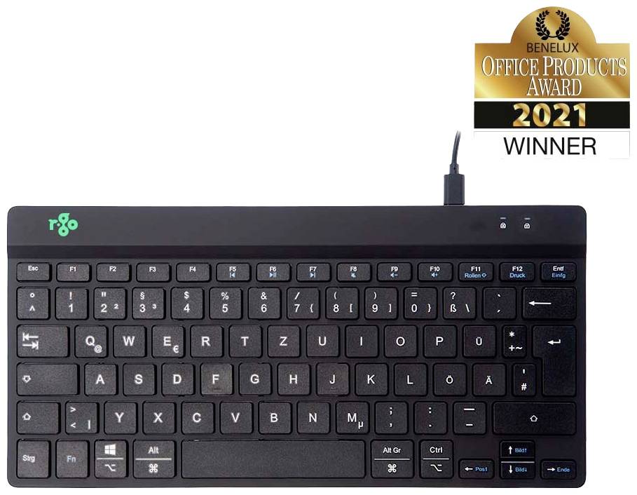 Černá ergonomická klávesnice s kabelem. Nahoře vpravo obrázek: 'Vítěz ceny Benelux Office Products Award 2021'.