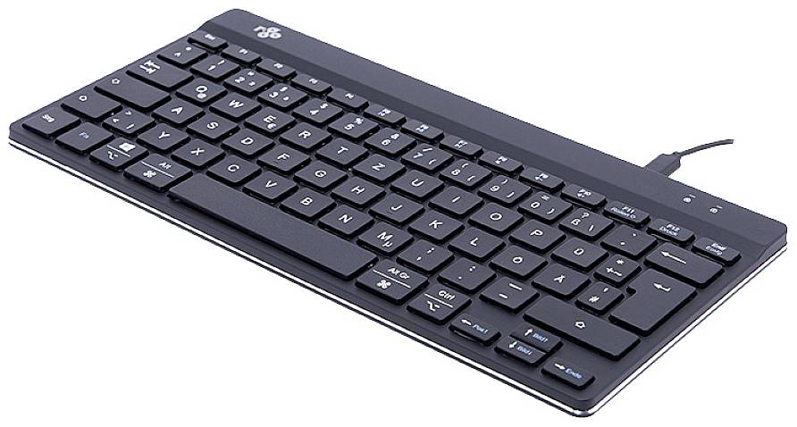 Černá, kompaktní QWERTZ klávesnice s USB kabelem. Klávesy v standardním uspořádání, vhodná pro použití s počítačem.