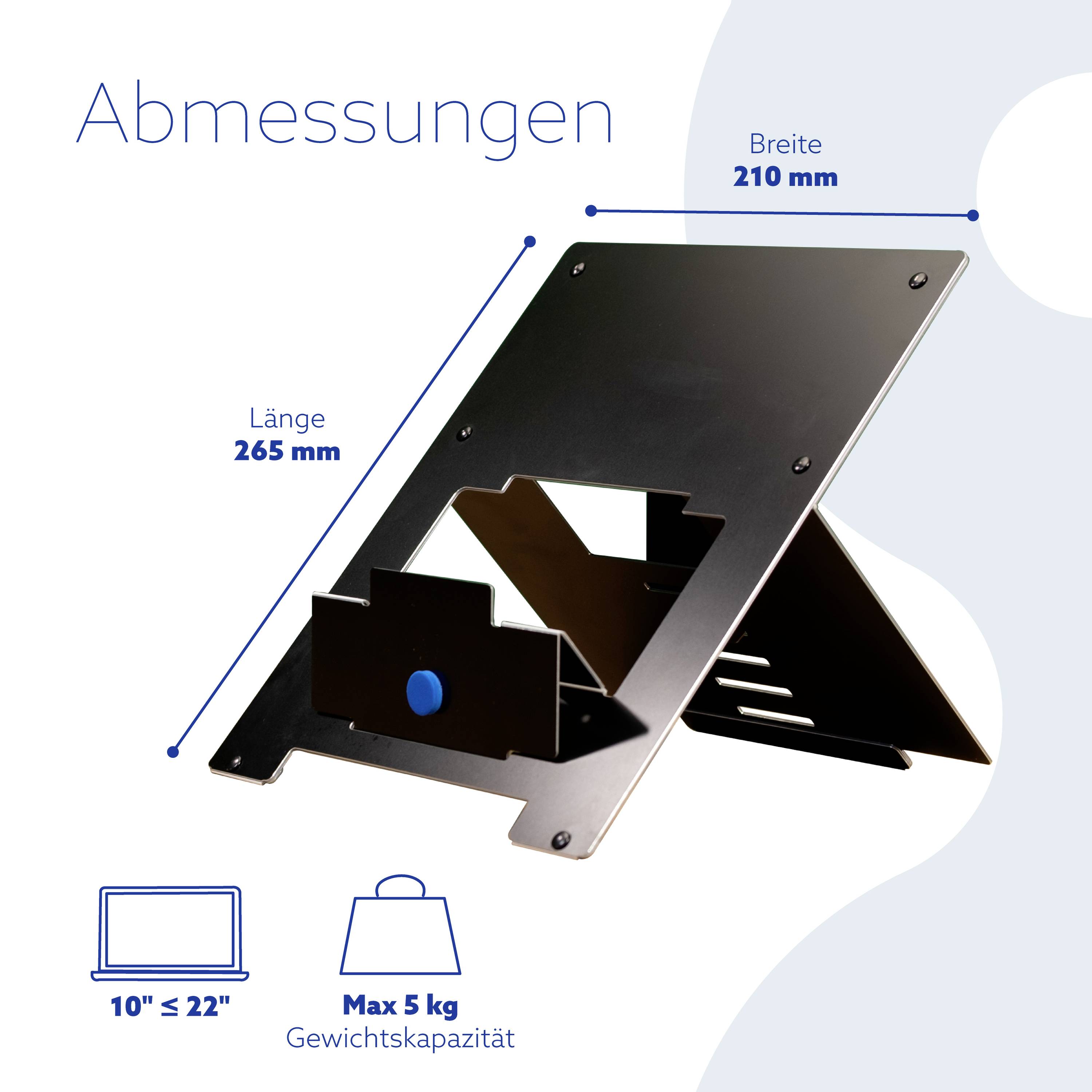 Stojan na notebook s rozměry: délka 265 mm, šířka 210 mm. Vhodný pro zařízení 10"-15", maximální nosnost 5 kg.
