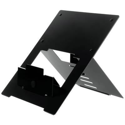 Černený kovový stojan na notebook s nastavitelným úhlem náklonu, vhodný pro ergonomickou práci u stolu.