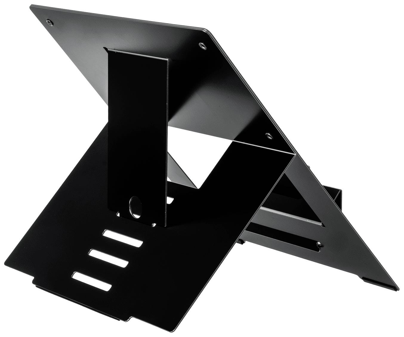 Černený, úhlově nastavitelný stojan na notebook z kovu, pohled z boku, ukazuje robustní konstrukci pro ergonomickou práci.
