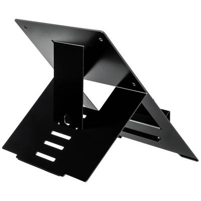 Černený, úhlově nastavitelný stojan na notebook z kovu, pohled z boku, ukazuje robustní konstrukci pro ergonomickou práci.