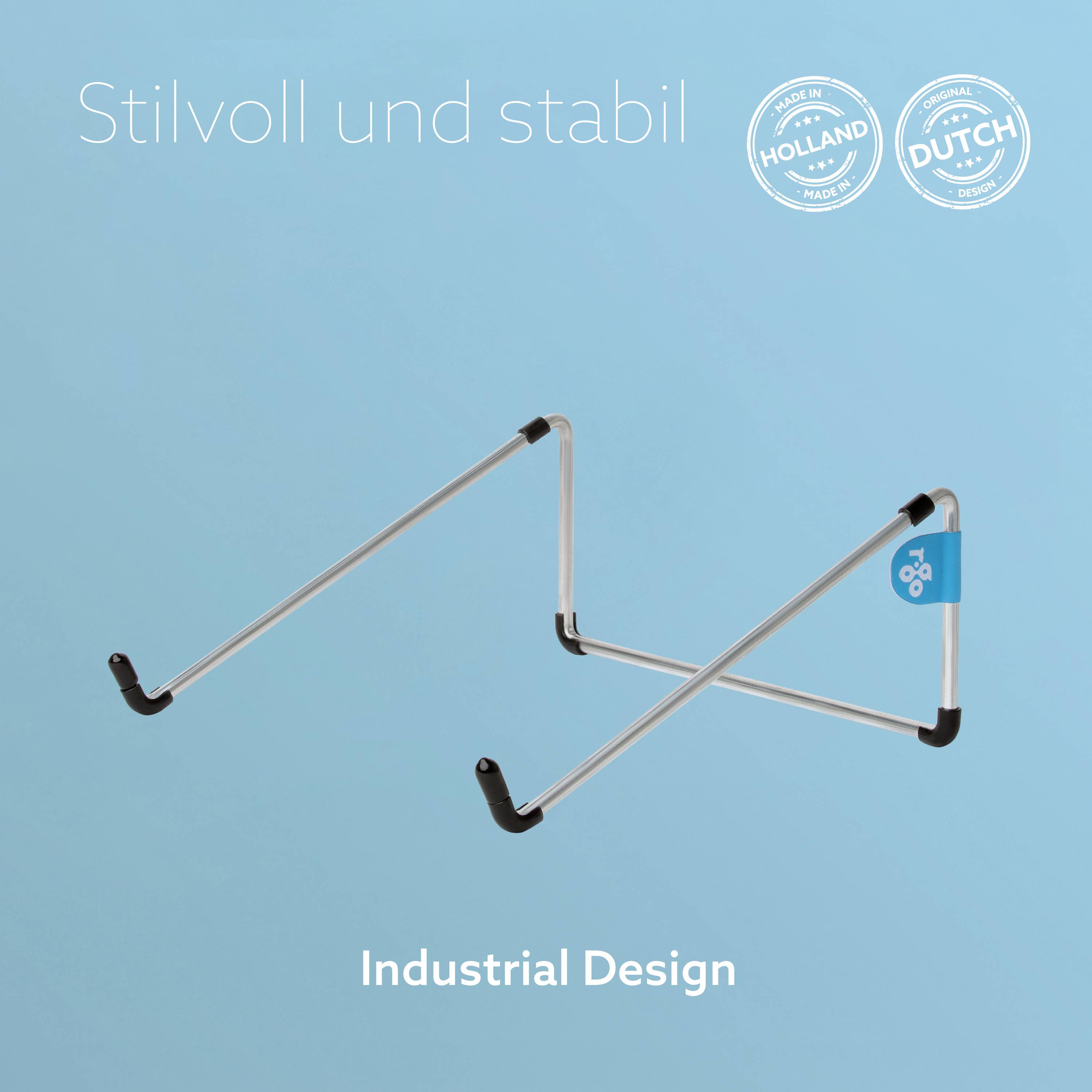 Elegantní, stabilní stojan s modrým akcentem na světle modrém pozadí. Text: 'Elegantní a stabilní', 'Průmyslový design'.