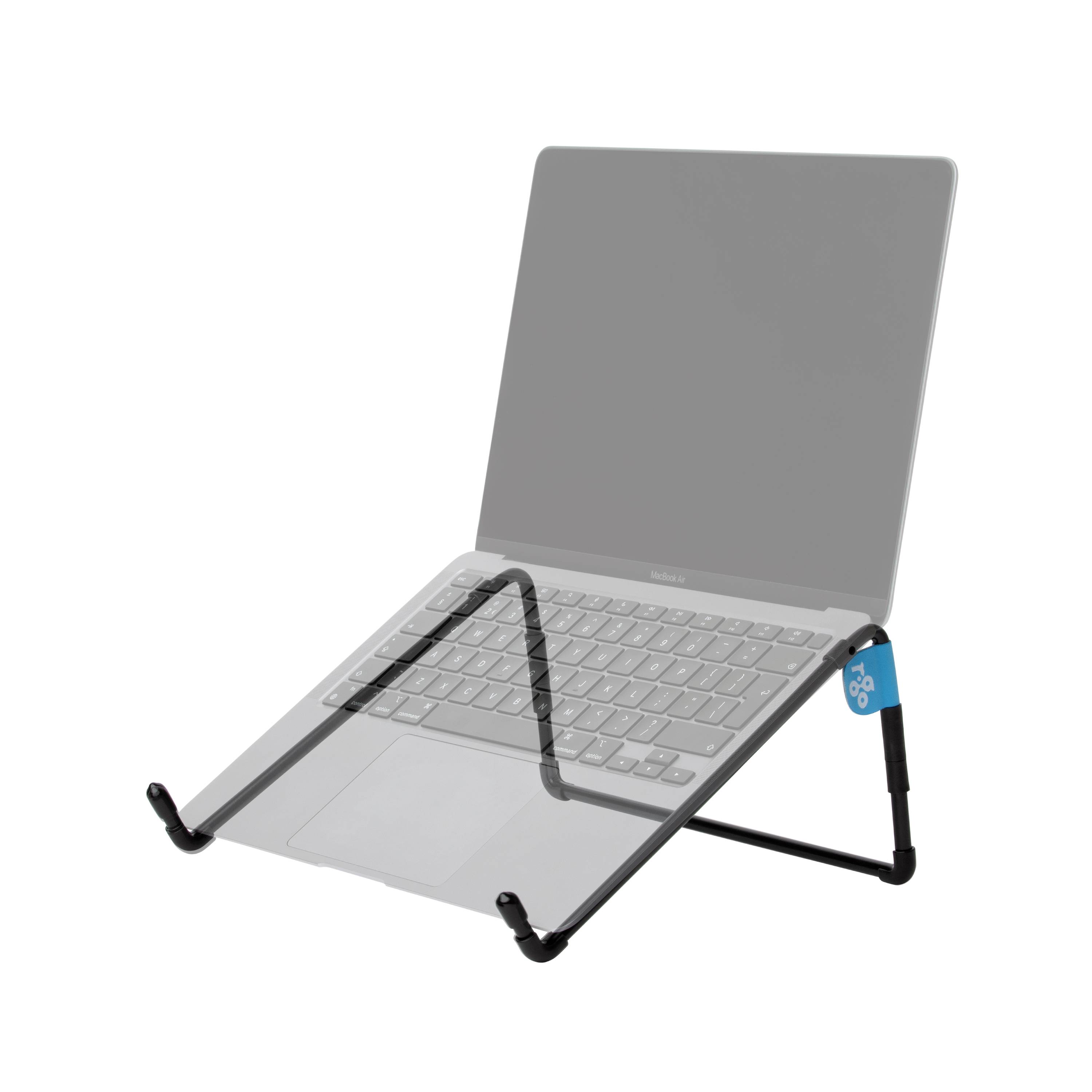 Průhledný laptop je umístěn na černém, skládacím stojanu. Stojan zvedá laptop do ergonomické polohy.