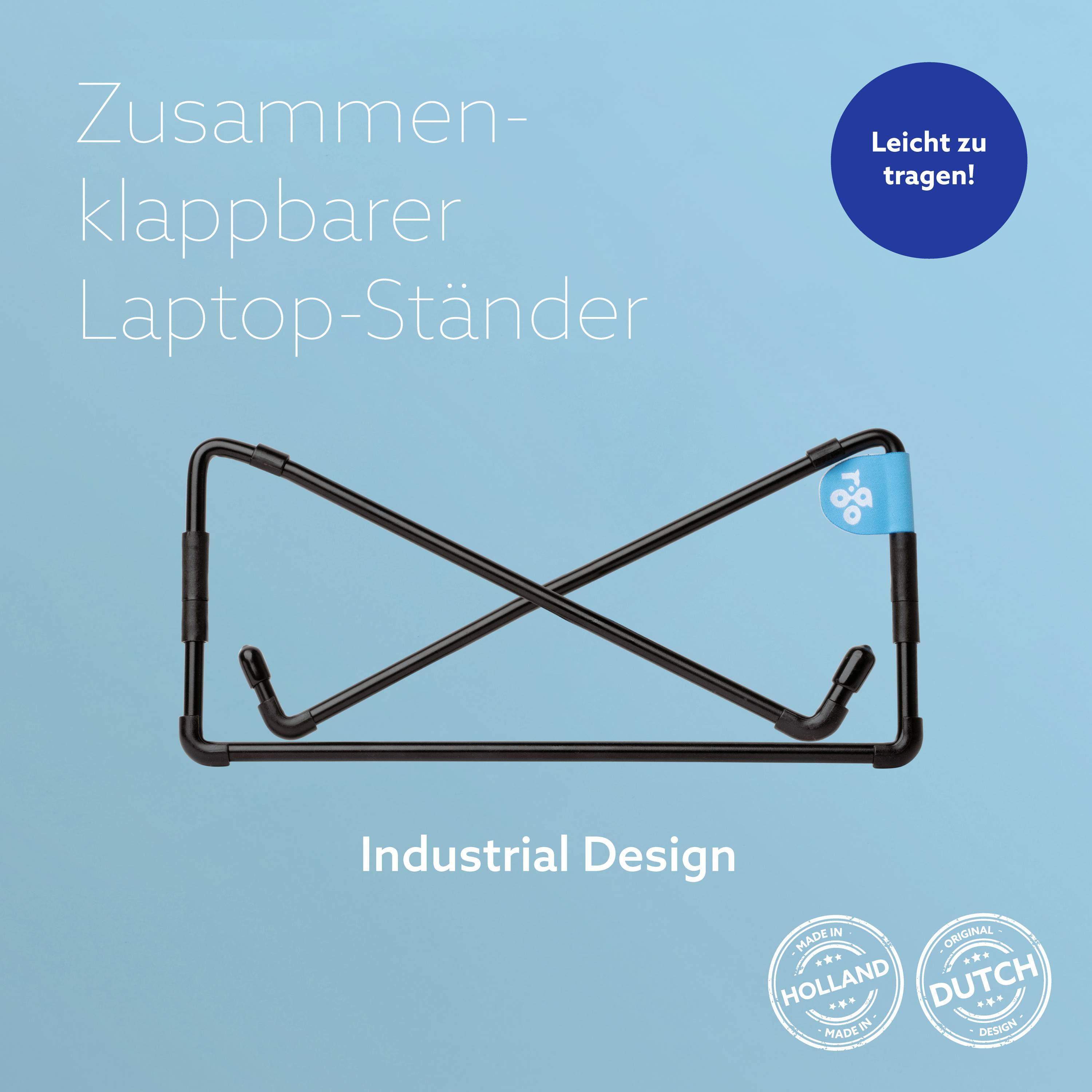 'Skládací stojan na notebook' na modrém pozadí. Text: 'Snadno přenosný!', 'Průmyslový design', 'Vyrobeno v Holandsku', 'Originál z Holandska'.