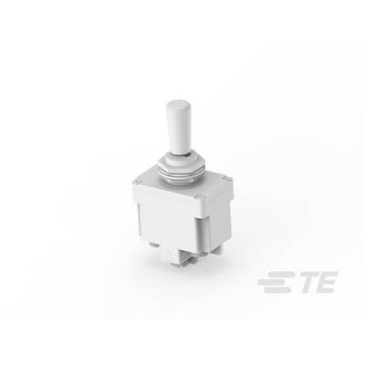 Šedý páčkový spínač na bílém pozadí, v dolní části opatřený logem. Spínač je vhodný pro elektrické přístroje.