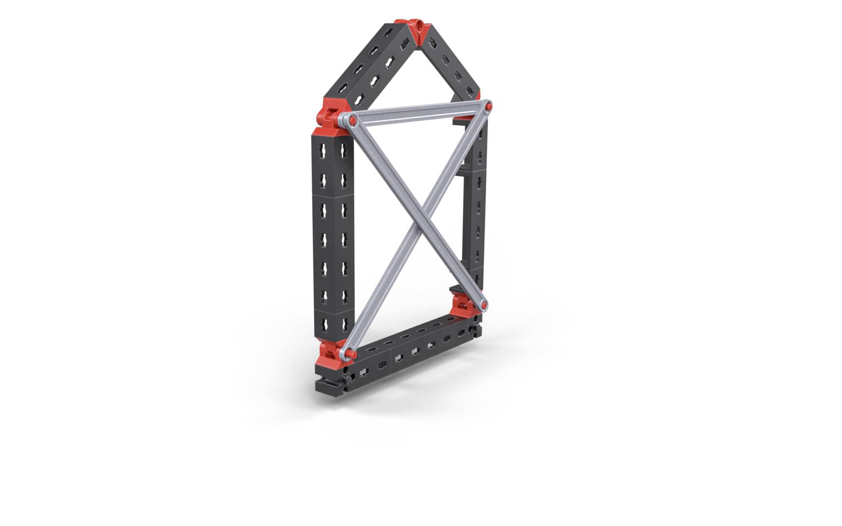 Geometrický rámový model vyrobený z černých a červených dílů s stříbrnými vzpěrami, který zobrazuje stylizovaný dům.