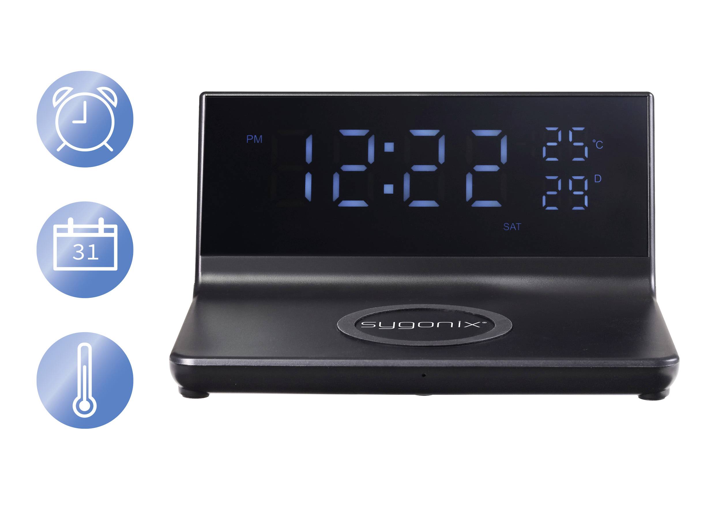 Digitální budík s velkou LED displejem zobrazuje čas 12:22, teplotu 25°C, den sobota. Symboly pro budík, kalendář, teploměr.