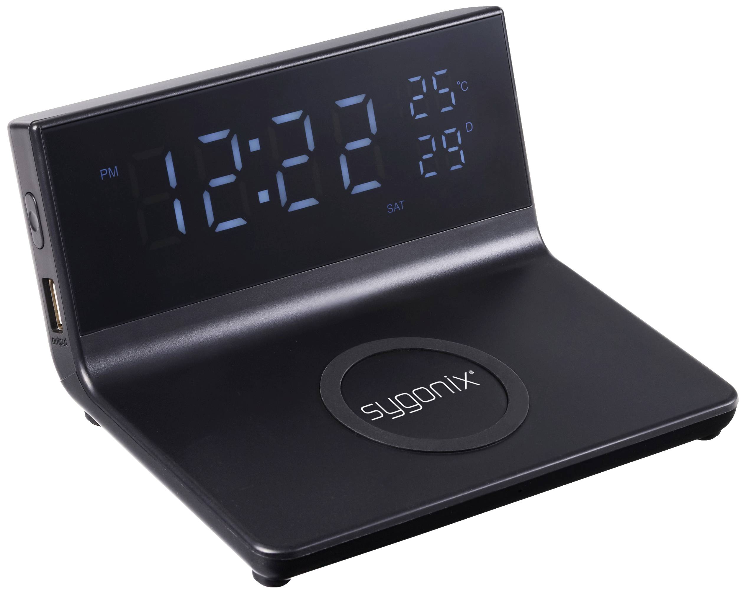 Černé digitální hodiny s USB připojením zobrazují '12:22 odp.', datum 'SOB' a teplotu '25°C'. Název značky 'sygonix' je viditelný.