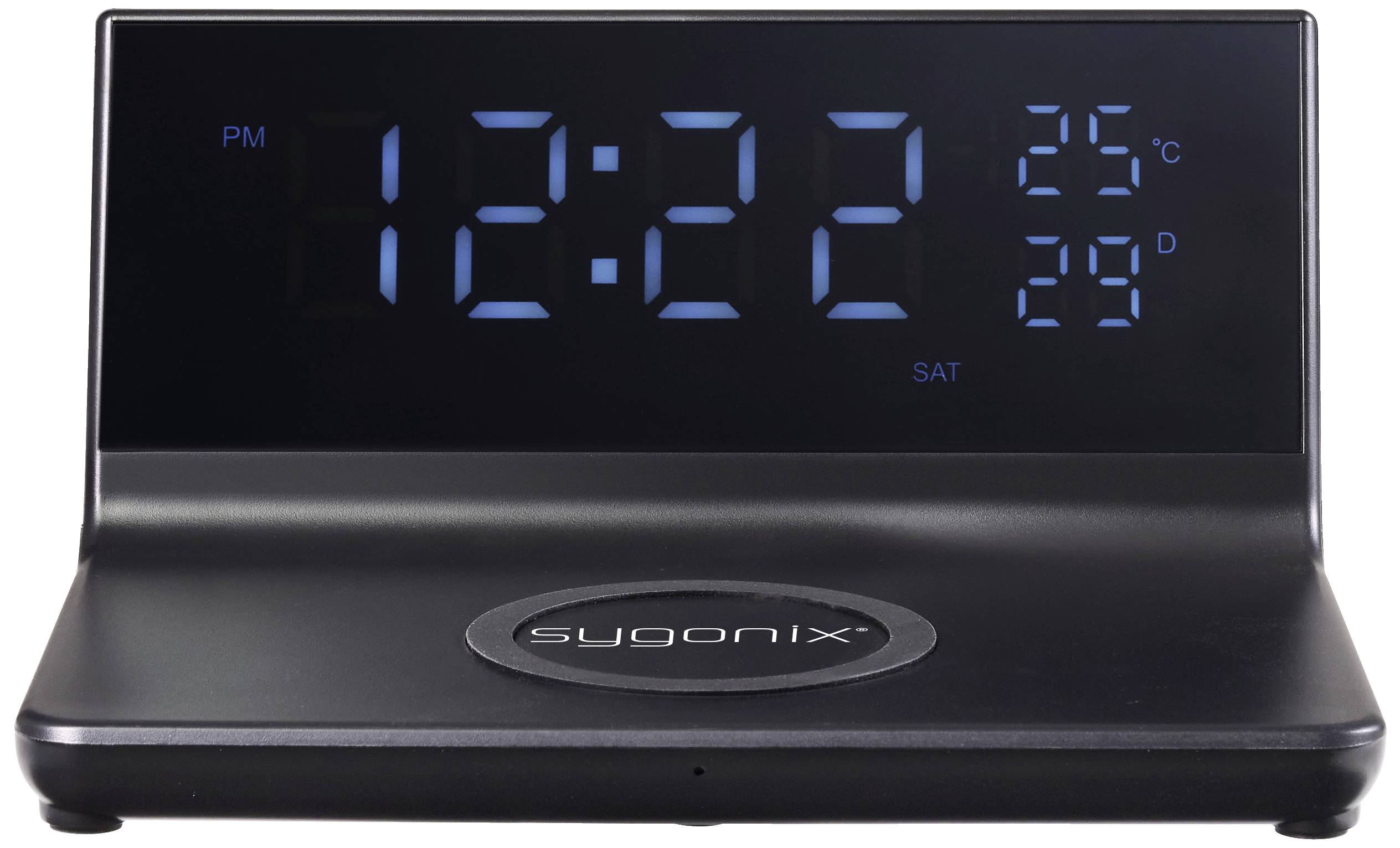 Digitální budík ukazuje '12:22', teplota '25°C', datum '29', den v týdnu 'sobota'.