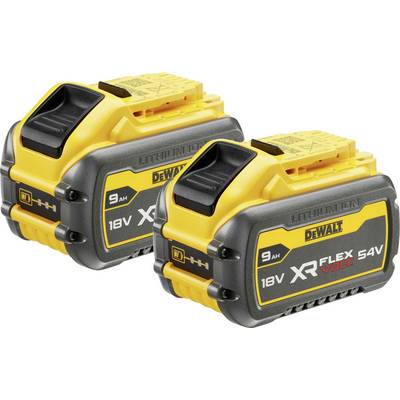Dva žluto-černé 18V 9Ah DeWalt lithium-iontové akumulátory, model XR Flexvolt, pro elektrické nářadí.