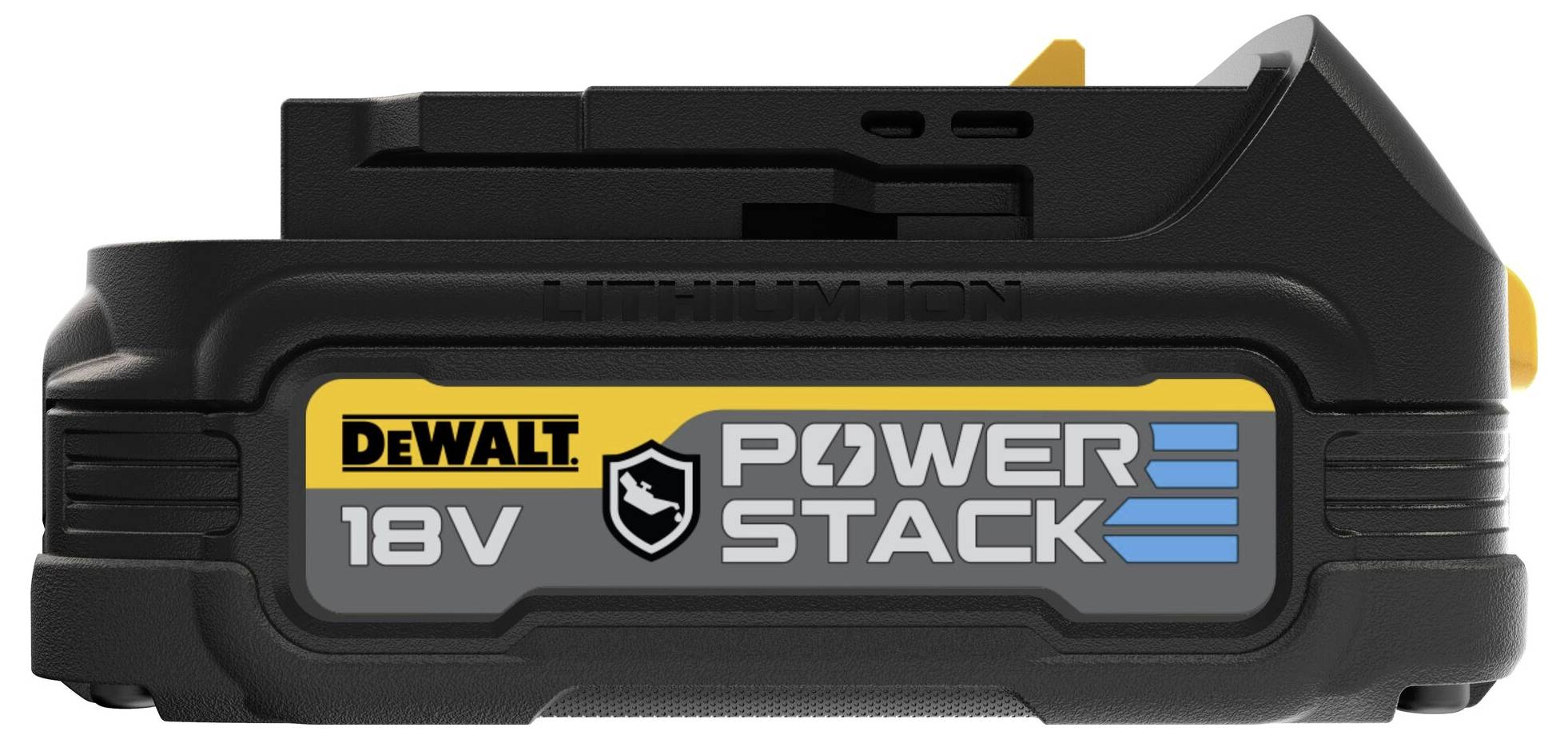 Akumulátorový pack s logem 'DEWALT 18V POWER STACK', černožlutý, kompaktní, určený pro stavební nástroje.