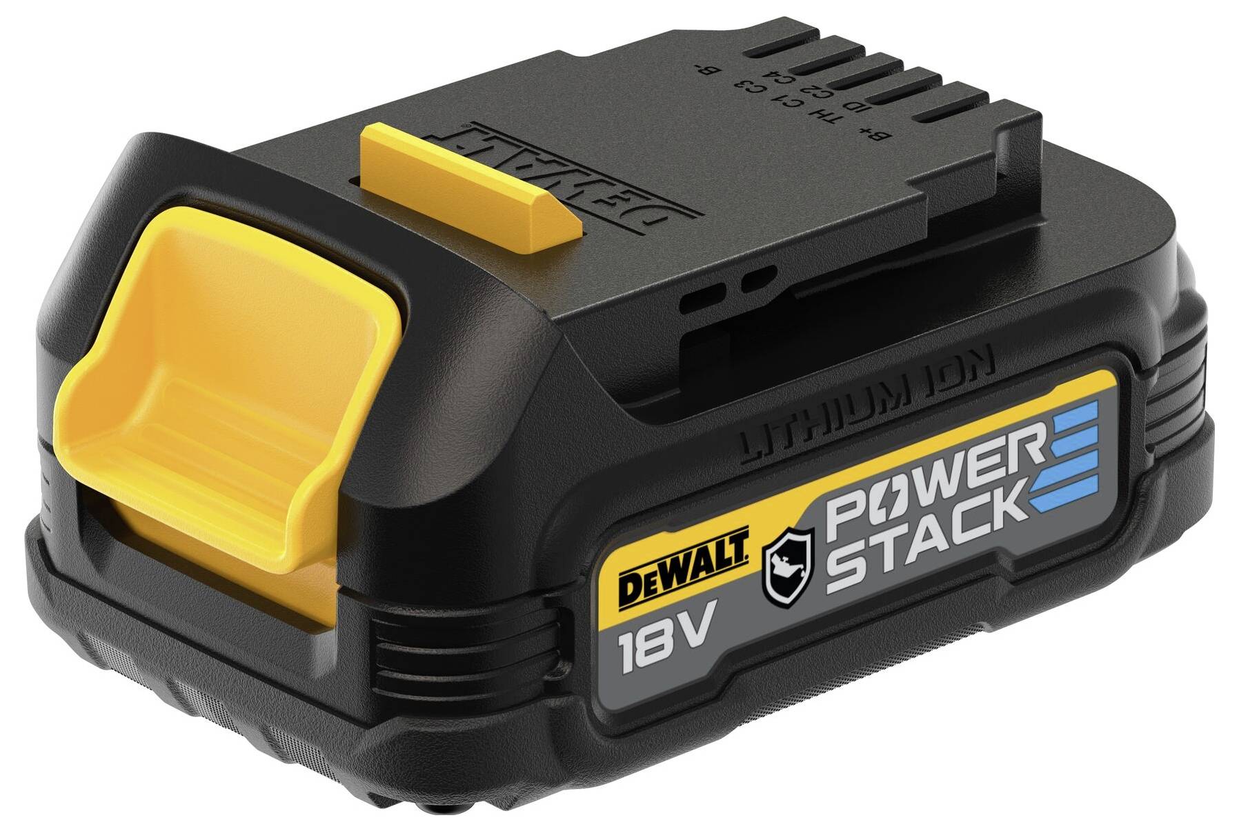 Černý DEWALT 18V lithium-iontový akumulátor s žlutou rukojetí a nápisem "POWERSTACK".