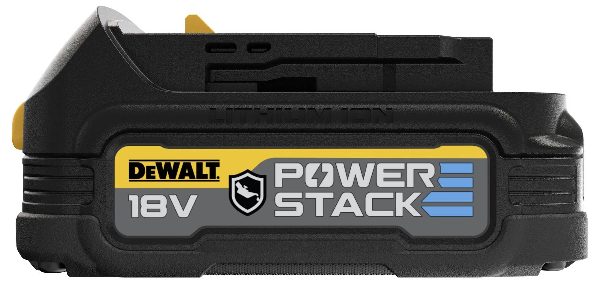 Akumulátor DeWalt 18V PowerStack v detailním bočním záběru. Štítek zobrazuje specifikace produktu a charakteristický design.