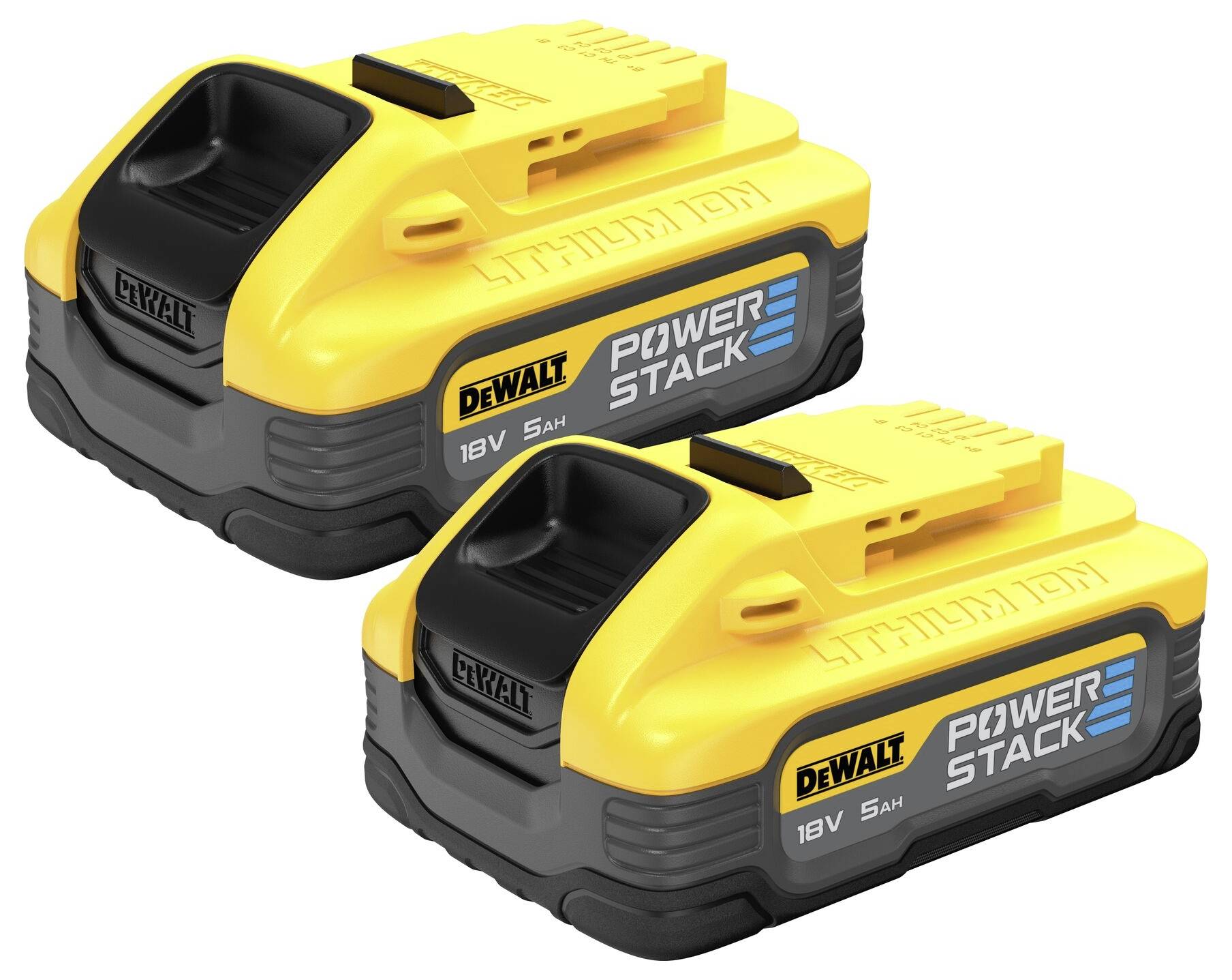Dva žluté lithium-iontové akumulátory 18V 5,0Ah značky DeWalt s nápisem 'Power Stack'.