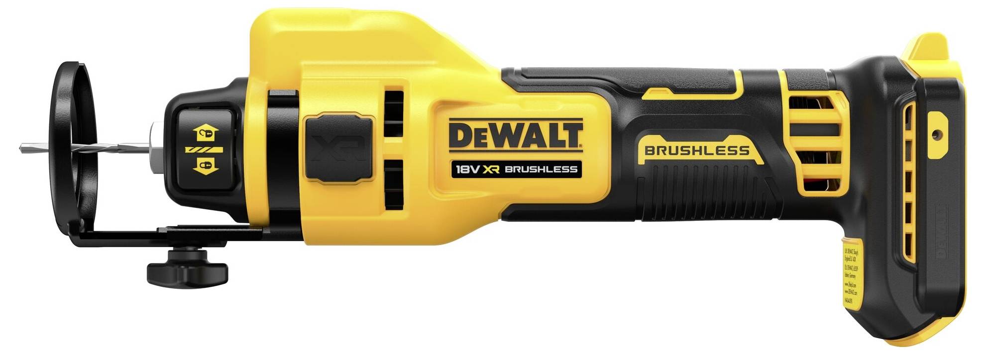 Žluté a černé akumulátorové rotační nářadí značky DEWALT s nápisem '18V XR Brushless' a 'Brushless'. Ideální pro přesné práce.