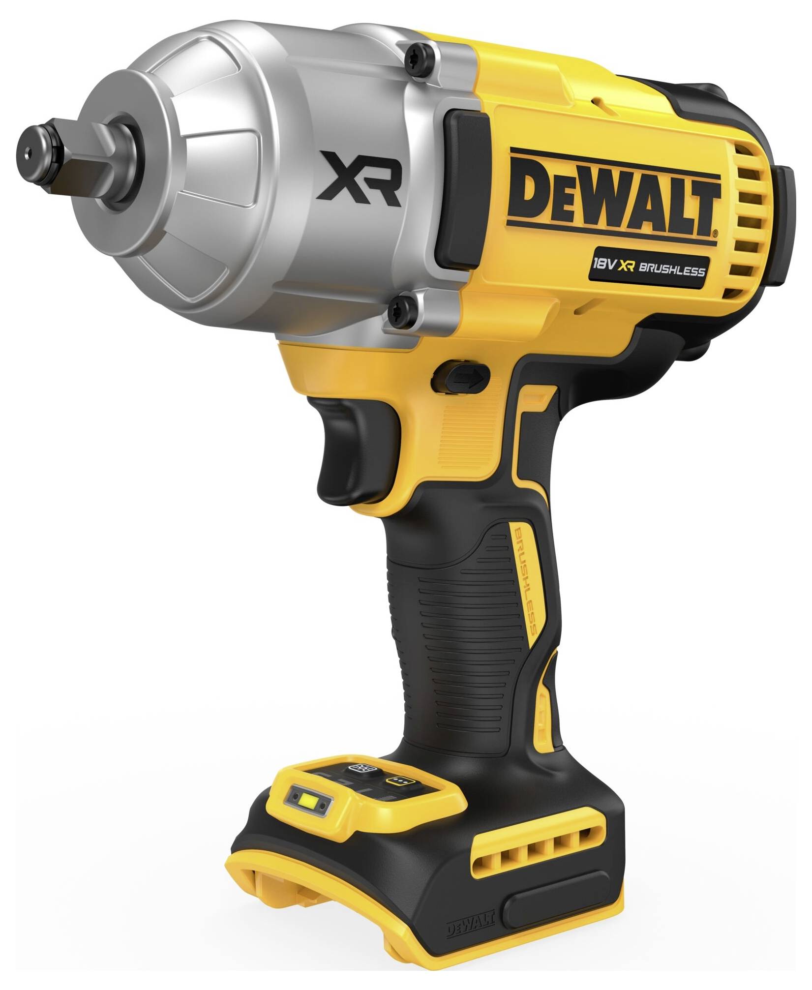Žlutý rázový šroubovák Dewalt na akumulátor s černou rukojetí a stříbrnou hlavou, model 'XR 18V'. Ideální pro šroubovací práce.
