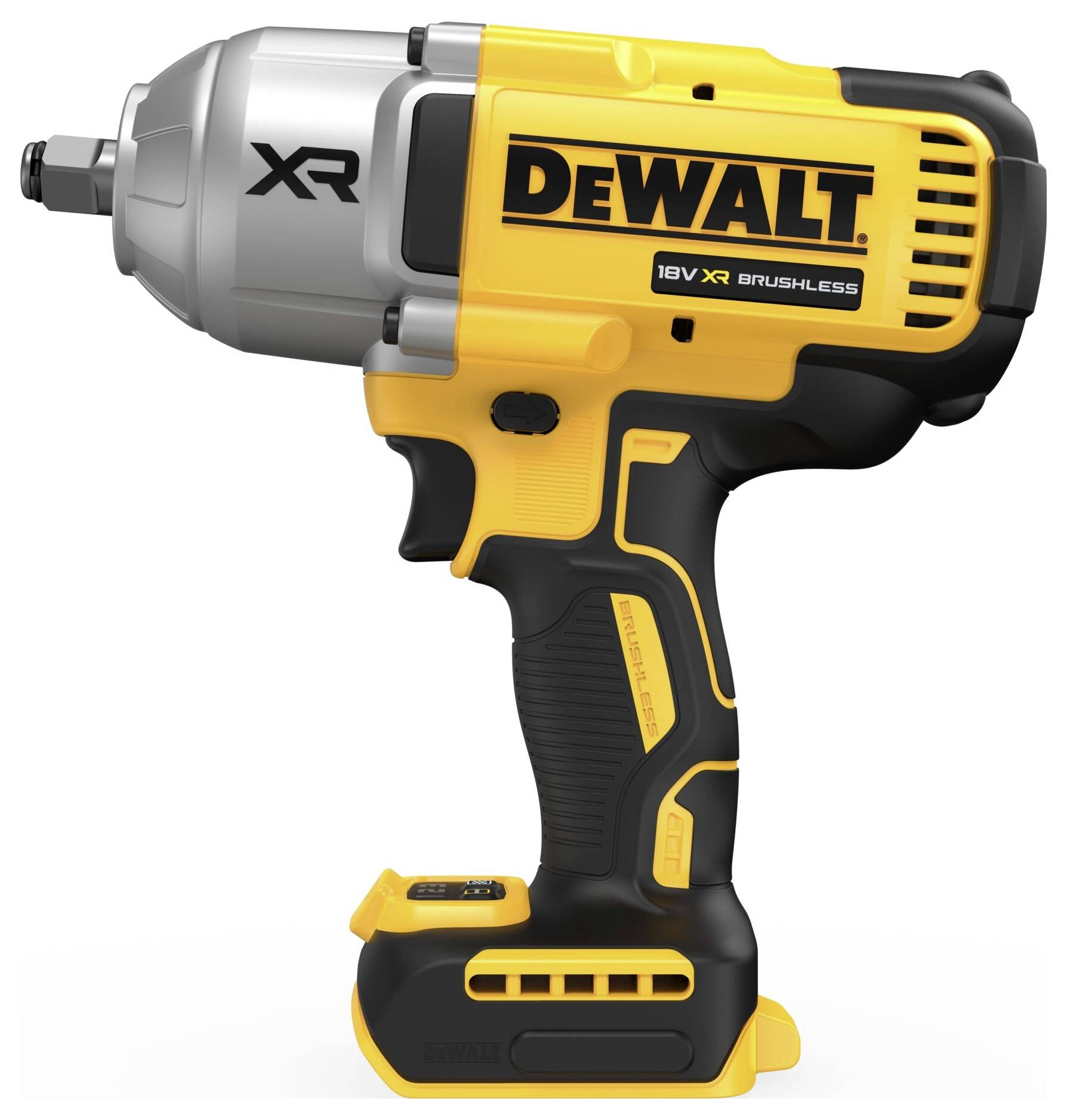 Žlutý a černý akumulátorový rázový šroubovák značky DeWalt, model XR, s technologií 18V Brushless.