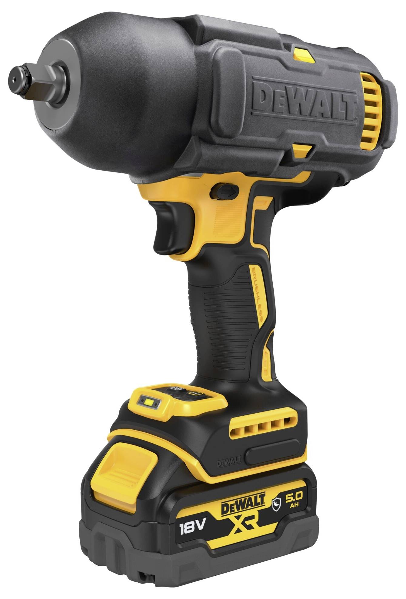 Akumulátorový rázový šroubovák v černo-žluté barvě, boční pohled. Logo DeWalt viditelné. Zařízení pro stavební práce, s výkonem 18V a 5,0 Ah.