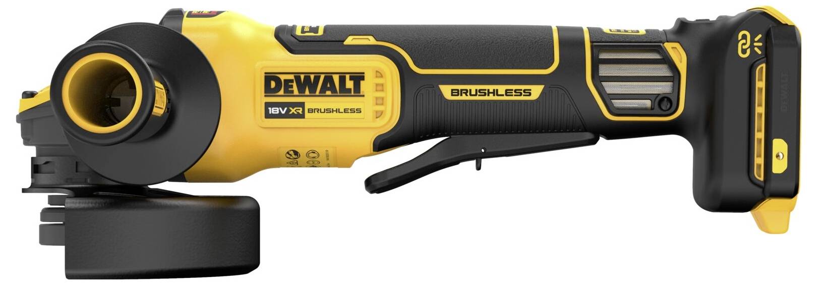 Akumulátorová úhlová bruska značky DeWalt v žluté a černé barvě, vybavená bezkartáčovým motorem a kompaktním, ergonomickým designem.
