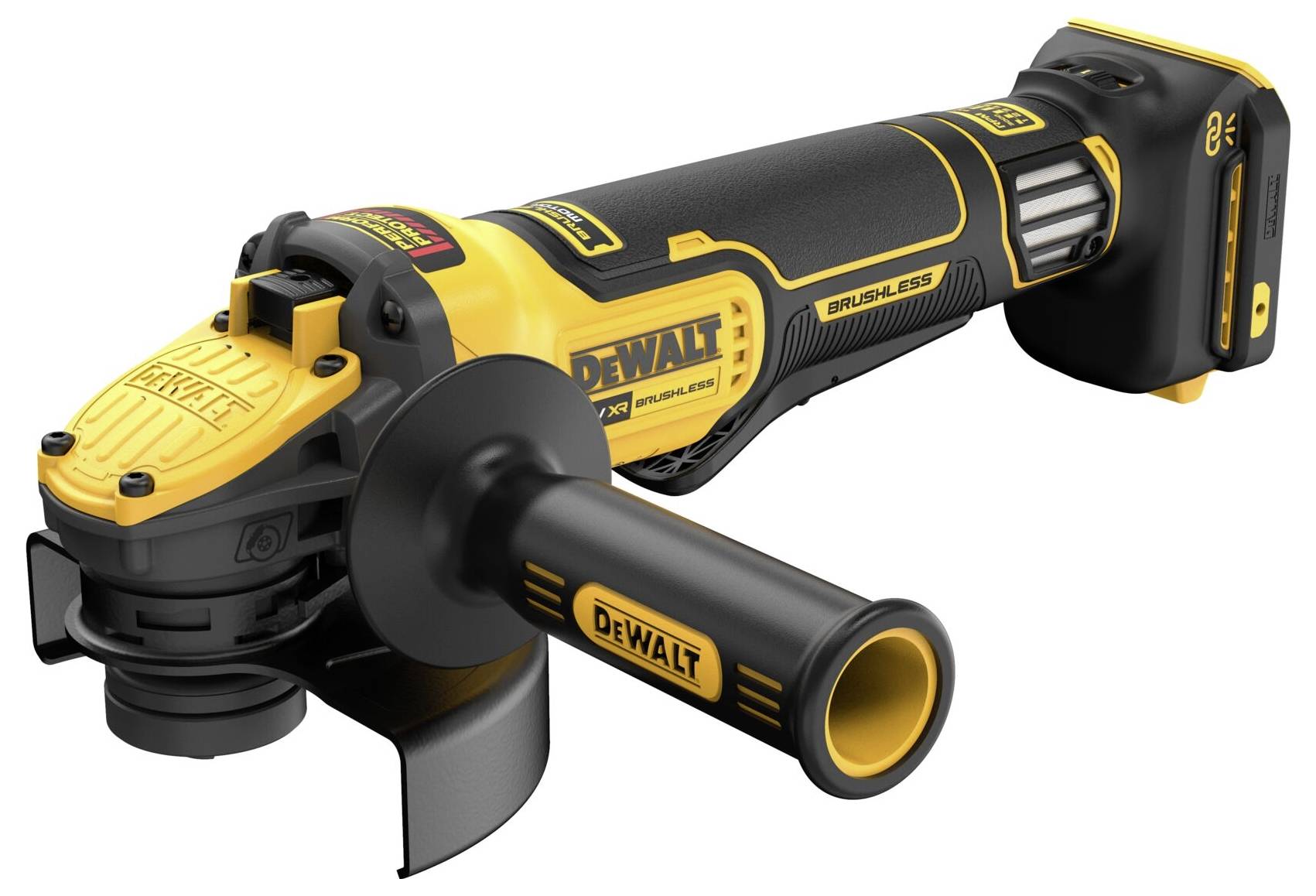 Žlutá úhlová bruska DeWalt s černou rukojetí a akumulátorem. Na boku je vyznačeno 'BRUSHLESS'.