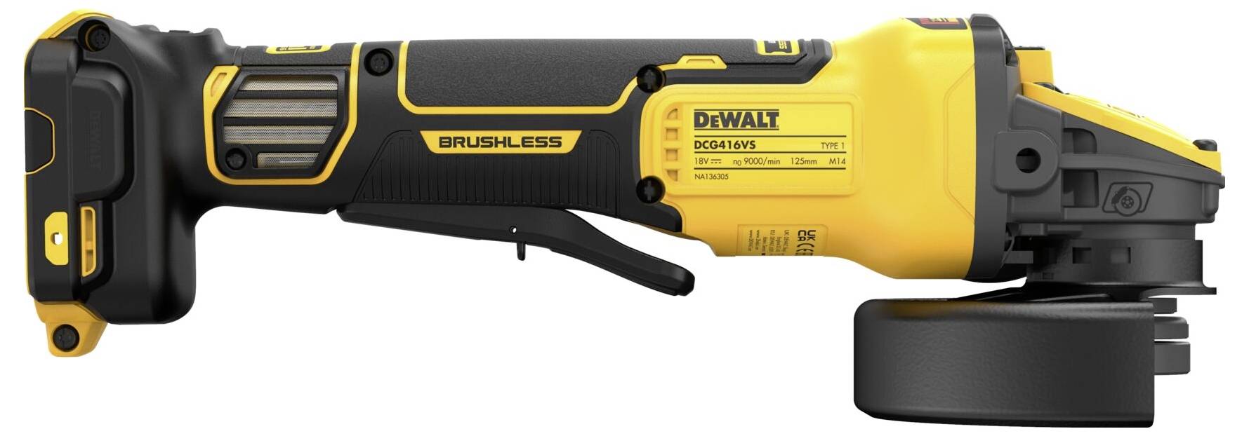 Bezdrátová úhlová bruska s žluto-černým designem. Označená štítkem 'Brushless' s vyznačením značky a čísla modelu.