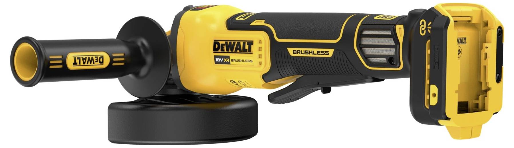 Přenosné elektrické úhlové brusky v černé a žluté barvě od značky DEWALT, napájené baterií, s ergonomickou rukojetí a ochranným krytem.